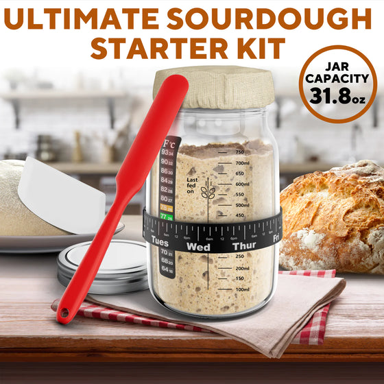 Ultimate Sourdough Starter Jar Kit 31.8 oz - Reusable Sourdough Jar for Easy Bread Baking - Perfect to Make Your Sour Dough Bread Dough Starter - Easy to Use & Clean Complete Sourdough Starter Kit - Cheden