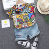 Kid Boys' Summer Graffiti Outfit with Sunhat: T-shirt & Denim Shorts Set - Cheden