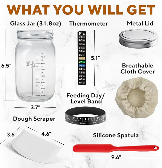 Ultimate Sourdough Starter Jar Kit 31.8 oz - Reusable Sourdough Jar for Easy Bread Baking - Perfect to Make Your Sour Dough Bread Dough Starter - Easy to Use & Clean Complete Sourdough Starter Kit - Cheden