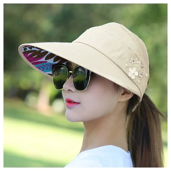 Summer Hats Foldable Sun Hat Pearl Flower Visor - Cheden