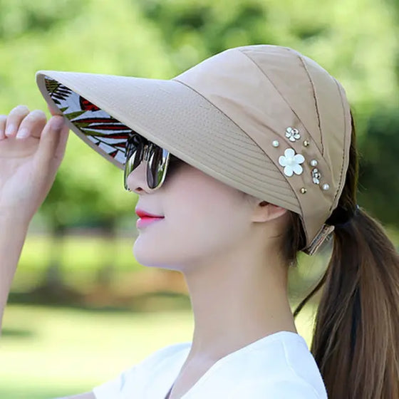 Summer Hats Foldable Sun Hat Pearl Flower Visor - Cheden