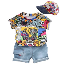  Kid Boys' Summer Graffiti Outfit with Sunhat: T-shirt & Denim Shorts Set - Cheden