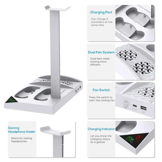 Charger Stand with Cooling Fan for Xbox Series S Console and Controller,Vertical Dual Charging Dock Accessories with 2 X 1400Mah Rechargeable Battery and Cover, Earphone Bracket for XSS - Cheden