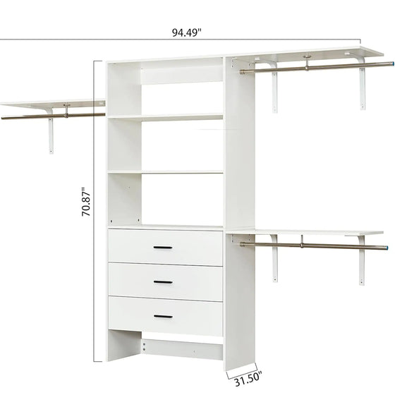 306 Closet Organizer System with Closet Shelves Wall Mounted, White Clothing Racks for Hanging Clothes, Clothes Organizer with Closet Drawers, Wooden Wardrobe Closet System with Hanging Rod Cheden