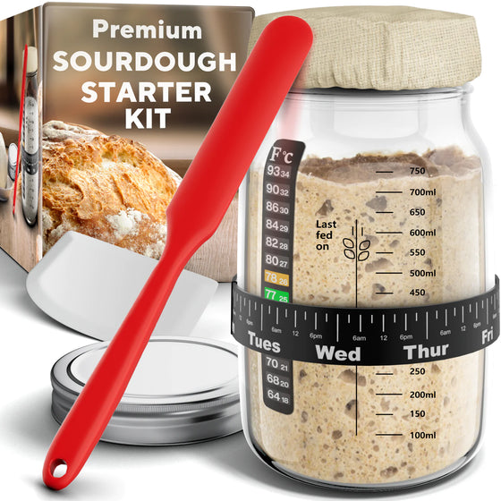 Ultimate Sourdough Starter Jar Kit 31.8 oz - Reusable Sourdough Jar for Easy Bread Baking - Perfect to Make Your Sour Dough Bread Dough Starter - Easy to Use & Clean Complete Sourdough Starter Kit - Cheden