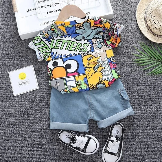 Kid Boys' Summer Graffiti Outfit with Sunhat: T-shirt & Denim Shorts Set - Cheden